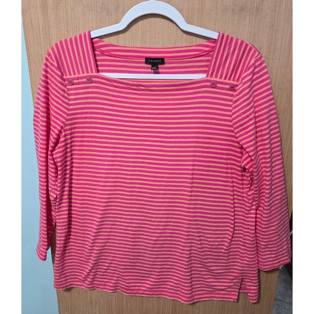 Talbots Size M Women's Striped Boatneck 3/4 Sleeve‎ Top Pink Casual Blouse